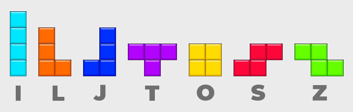 De standaard 7 tetromino's uit een Tetris spel